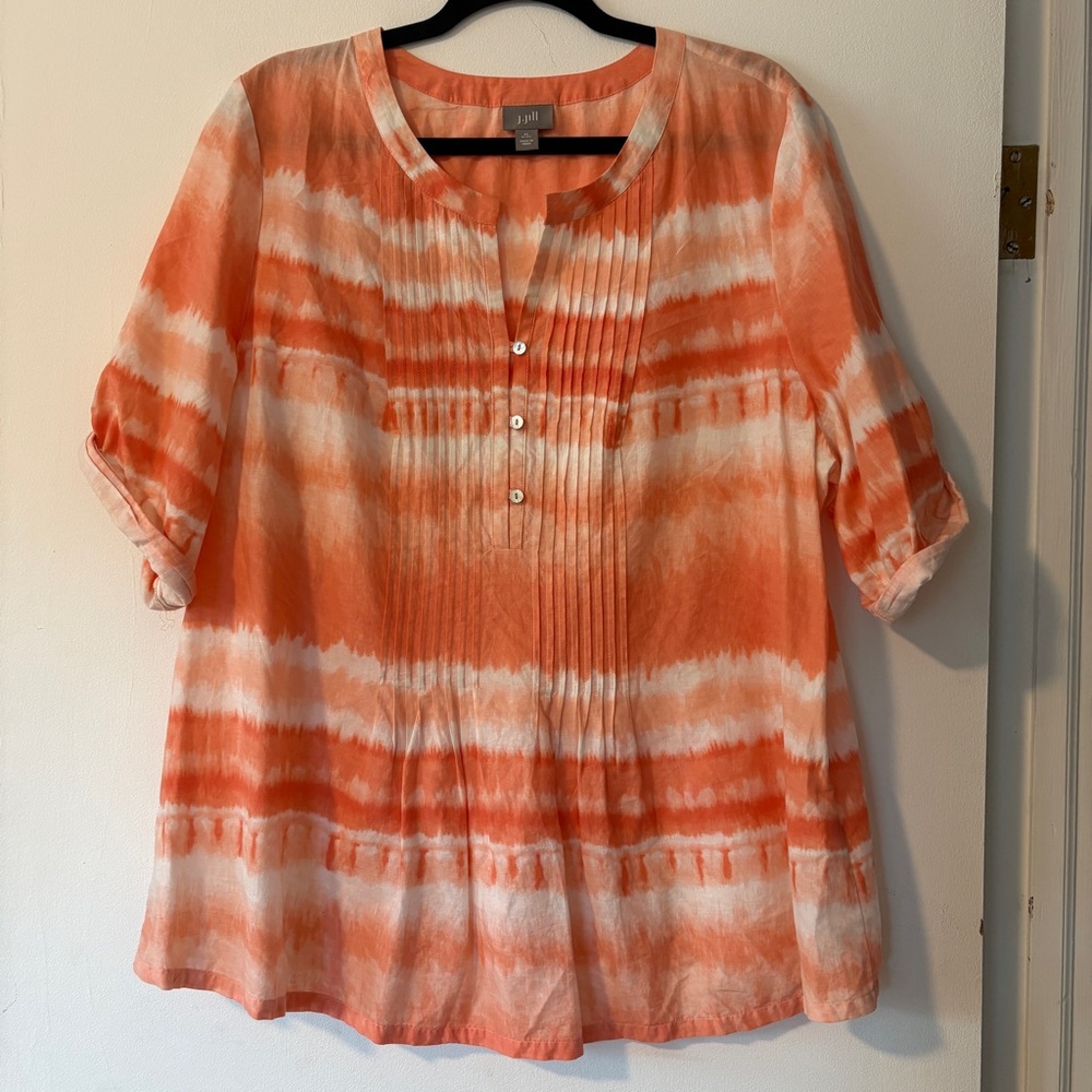 J Jill Top Sz XL Orange White Pleated Lightweight Cotton‎ Coastal Grandma Summer